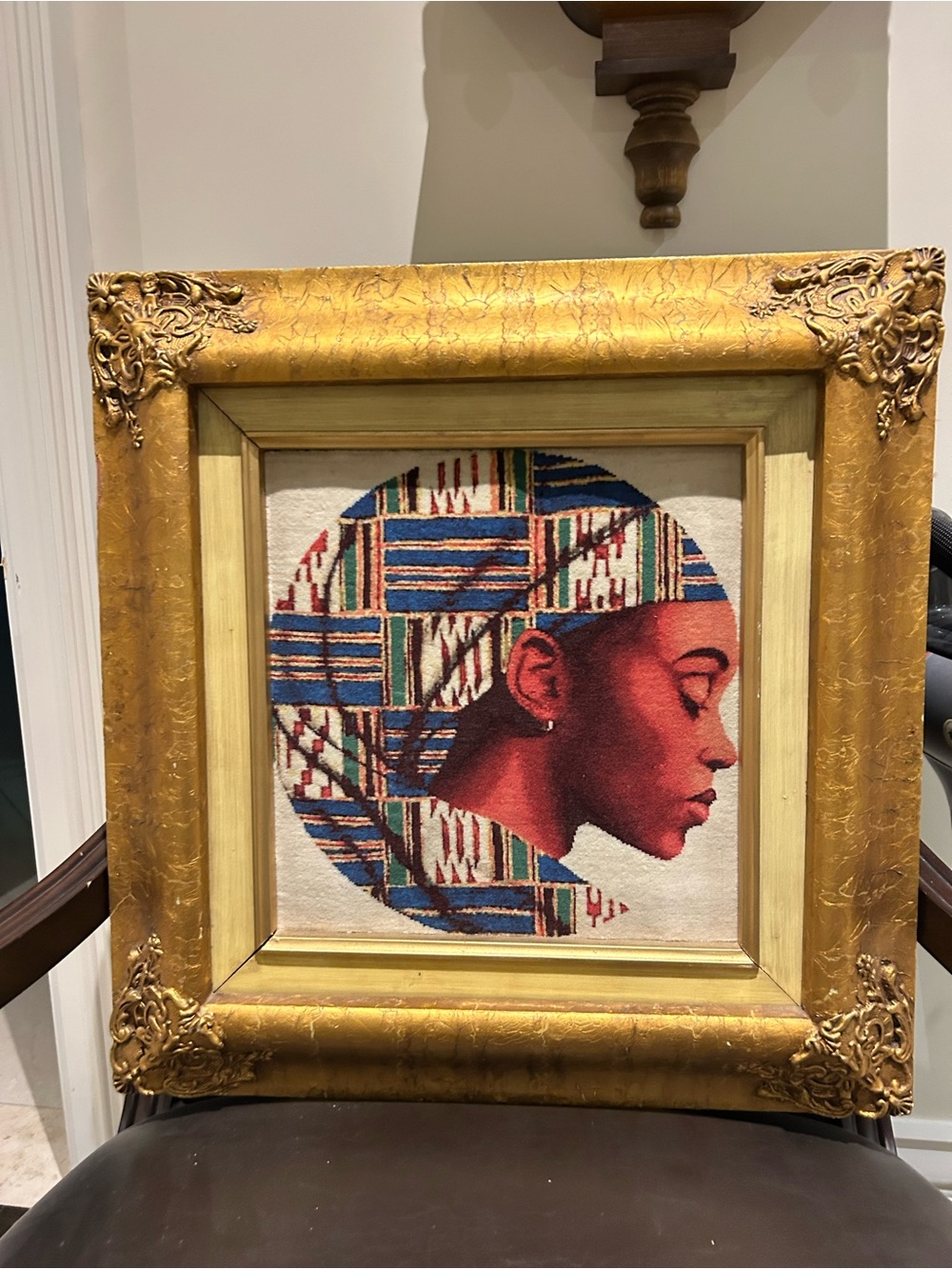 Framed Home Art Tapestry Portrait in Gold Frame - Red and Blue Accent